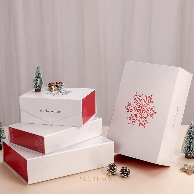 PACKHOME 6 Large Christmas Gift Boxes with Lids 13.5x9x4.1 Inches, Sturdy Collapsible Gift Boxes with Magnetic Closure (Red Snowflake Pattern)