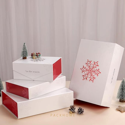 PACKHOME 6 Large Christmas Gift Boxes with Lids 13.5x9x4.1 Inches, Sturdy Collapsible Gift Boxes with Magnetic Closure (Red Snowflake Pattern)