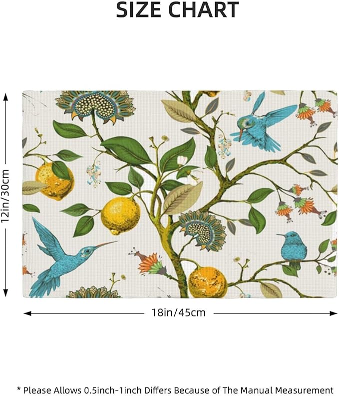 Lemon Linen Placemats Set of 4 Retro Plant Bird Print Placemats for Indoor Outdoor Party Home Desktop Kitchen Dining Room Decor 12x18 Inch