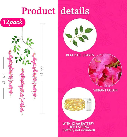 12 Pack Fuchsia Wisteria Hanging Flowers Garland with Lights, 3.44 Feet Artificial Flower Vines, Fake Wisteria, Artificial Vines Hanging Garland for Backdrop Outdoor Patio Garden Decor