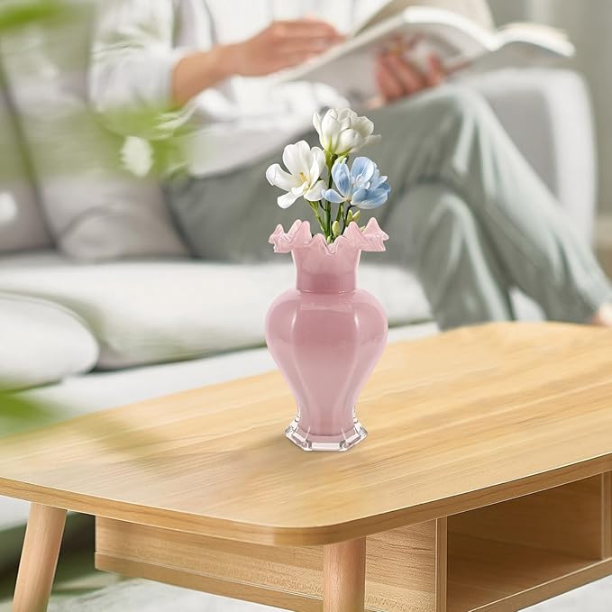 PRETYZOOM Artistic Ripple Edge Glass Flower Vase Handblown Decorative Floral Container for Home Table Office Wedding Centerpiece Pink Unique Artistic Accent Multipurpose Use