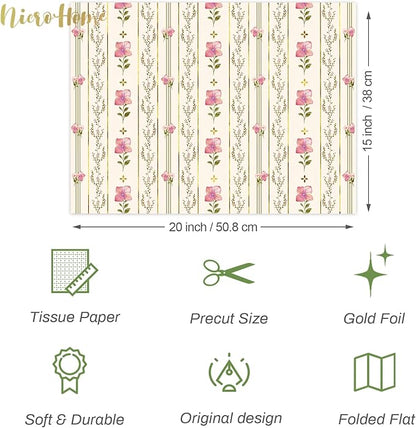 NICROHOME EUR 24 Sheets Floral Tissue Paper, Sage Green and Pink Small Tissue Wrapping Paper for Gift Bags, Birthday, Wedding, Flower Bouquet, Bridal Shower, Christmas Gift Tissue Paper 15x20Inch