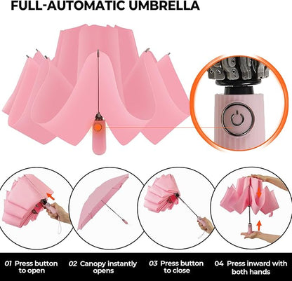 Compact Inverted Travel Umbrella, Automatic Open Close, 9-Rib 46 Inch Windproof Umbrella, Waterproof UPF 50+, Portable Umbrellas for Men, Women, Travel, and Daily Use