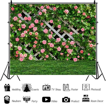 9x6ft Pink Rose Wall Background Flowers Green Leaf Photography Backdrop Girls Princess Birthday Baby Shower Wedding Cake Table Decoration Banner
