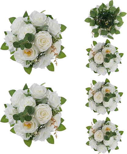 BLOSMON Artificial Flowers Ball Wedding Centerpieces 6 Pcs White Rose Artificial Flower Center Pieces Decoration for Table Silk Kissing Ball Faux Floral Bouquet Arrangements for Home Party DIY Decor