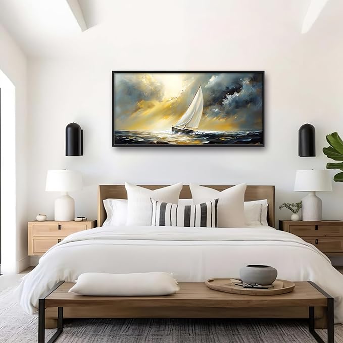Ocean Sailboat Large Wall Art Framed Wall Decor for Living Room Abstract Boat Pictures Oversized Canvas Print Painting Modern Extra Large Artwork for Bedroom Office Home Decor 60"x30"