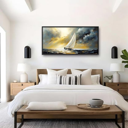Ocean Sailboat Large Wall Art Framed Wall Decor for Living Room Abstract Boat Pictures Oversized Canvas Print Painting Modern Extra Large Artwork for Bedroom Office Home Decor 60"x30"