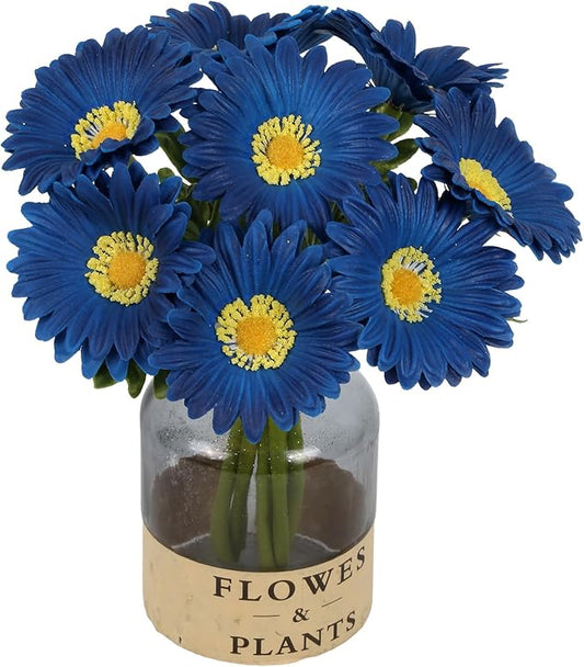 Royal Blue Gerbera Daisy Artificial Flowers 8 Pcs PU Realistic Fake Wildflowers for Vase Home Living Room Bathroom Kitchen Decor