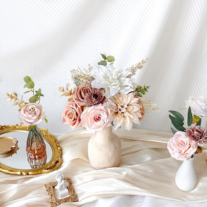 Artificial Flowers Combo Box Set Terracotta Silk Roses Dahlia with Stems DIY Bridal Wedding Bouquets Cake Gold Boho Nude Beige Fake Floral Arrangements Baby Shower Party Table Centerpieces Home Decor