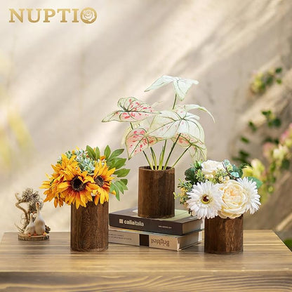 NUPTIO Wood Vases Rustic Centerpiece: 6 Pcs 5.1" Wooden Vase for Home Decor - Brown Small Vase for Wedding Table Living Room Shelf Decor