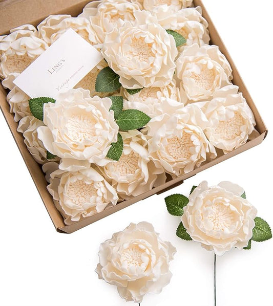 Ling's moment Flowers 16pcs Cream Blooming Peonies Artificial Flowers with Stem, Artificial Peony Flowers for DIY Wedding Decorations Centerpieces Bouquets Boutonnieres