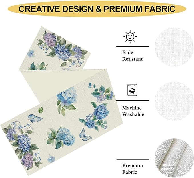 Blue Floral Table Runner, Spring Summer Watercolor Hydrangea Flower Butterfly Country Farmhouse Coffee Table Center Decor for Home Kitchen Dining Patio Holiday Party Table Decorations 13x36 inches