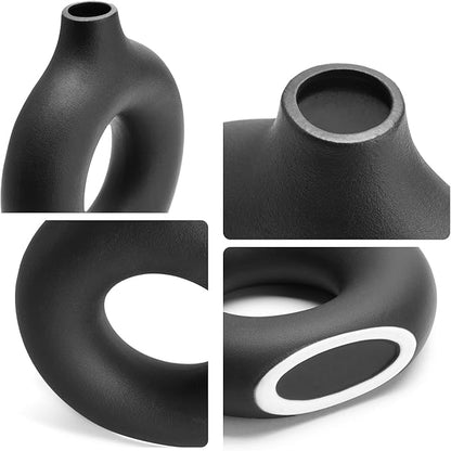 7.6 Inch Black Donut Vase for Pampas Grass, Modern Hollow Ceramic Vase for Table, Mantle, Minimalist Nordic Industrial Style Decorative Vase for Home Decor, Living Room, Farmhouse, Office