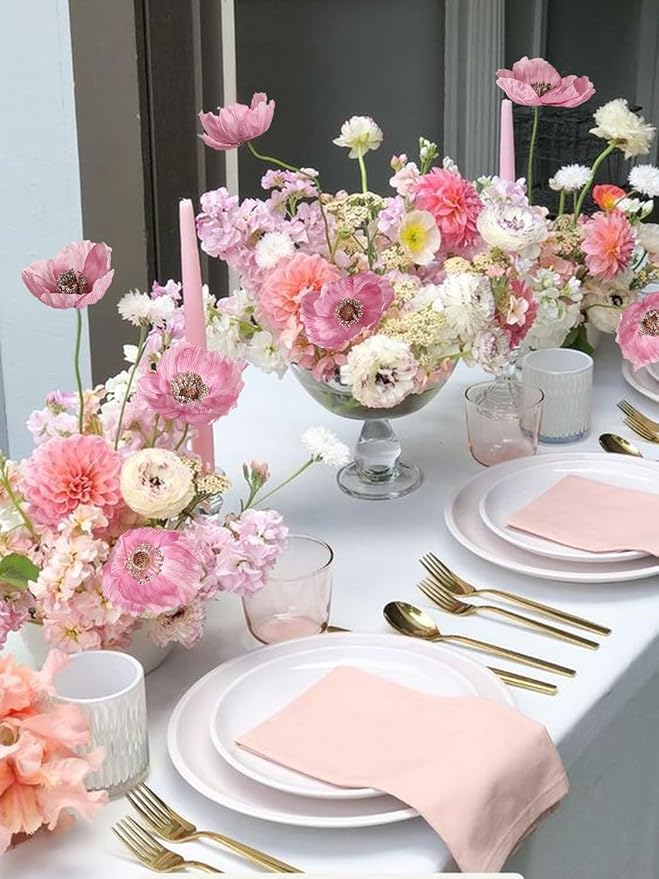 IPOPU Pink Artificial Poppy Silk Flowers 6pcs for Decoration - Faux Flowers With Stems for Wedding Centerpieces, Tables, Bridal Shower Party Decorations