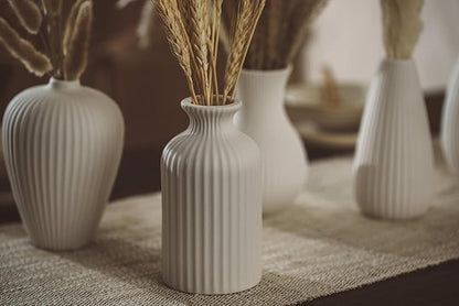 6'' White Ceramic Ribbed Bud Vases in Bulk, Set of 6 Small Pampas Grass Flower Vase for Modern Farmhouse, Boho Home Decor, Living Room, Vintage Wedding Centerpiece, Table, Shelf Decoration