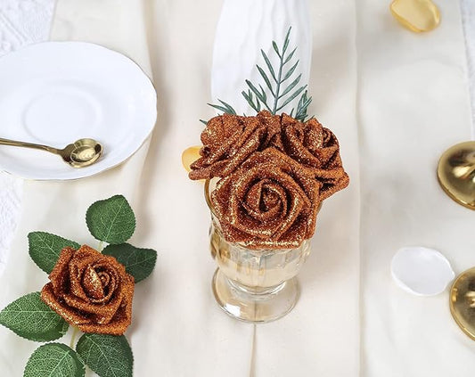 IPOPU Orange Foam Flowers, 25pcs Foam Glitter Roses Glitter Flowers Foam Rose with Stem for DIY Wedding Bridal Bouquet Home Party Decoration(Orange)