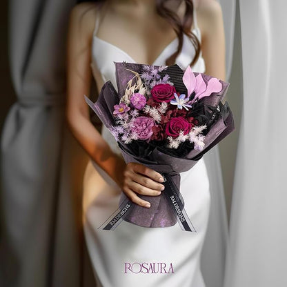 Rosaura Preserved Flowers Bouquets, Natural Real Roses for Delivery Prime, Forever Rose Bouquets Valentine's Day, Mother's Day, Christmas, Birthday Gifts-Dark Purple (with vase)