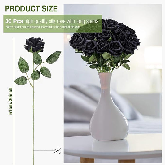 30 Pcs Rose Artificial Flowers in Bulk Real Touch Long Stem Silk Roses Bouquets Realistic Faux Flowers for Wedding Bridal Shower Home Decor Floral Arrangements Table Centerpiece(Black)
