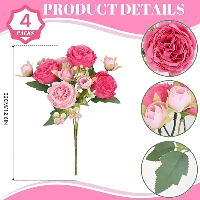 ASTRYAS 4Pcs Pink Peonies Artificial Peonies Silk Flowers, Faux Peony Silk Peonies Flowers Fake Peonies Bouquet for Centerpiece Table Wedding Party Home Decor(Hot Pink& Pink)