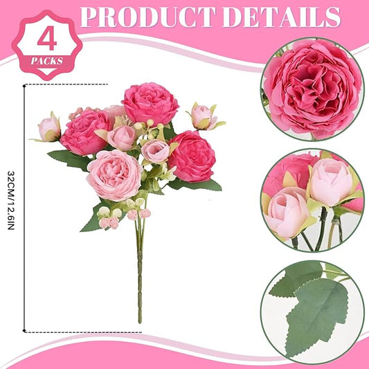 ASTRYAS 4Pcs Pink Peonies Artificial Peonies Silk Flowers, Faux Peony Silk Peonies Flowers Fake Peonies Bouquet for Centerpiece Table Wedding Party Home Decor(Hot Pink& Pink)