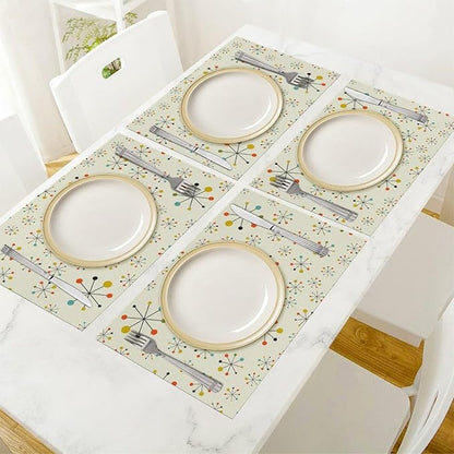 Mid Century Retro Placemats Set of 4 Yellow Kitchen Table Mats for Dining Farmhouse Holiday Home Decor,Linen Washable Place Mats 12x18 4 PCS, Style-18