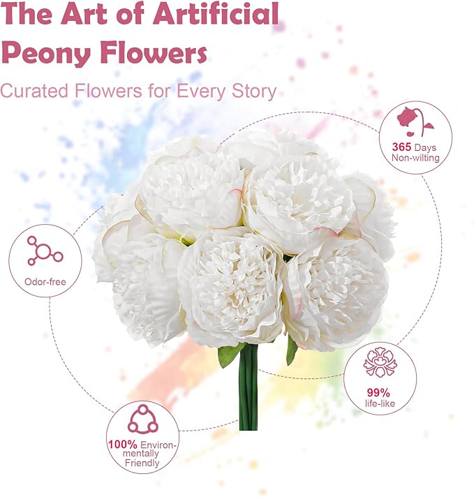 10PCS White Realistic Artificial Flowers Peony Fake Silk for Home Office Wedding Table Centerpieces Party Festival Bar Decoration Indoor