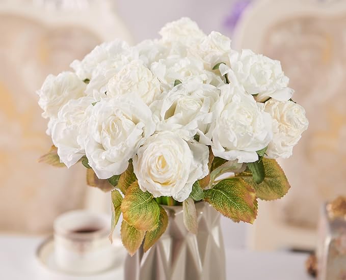 Rose Artificial Flower 28pcs Realistic Faux Silk Roses Fake Flowers Bouquets Arrangements Decor for Wedding Spring Mother's Day, Home Table Decorations, White Flower