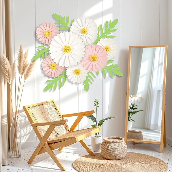 Paper Flowers Decorations for Wall Giant Daisy Flowers Bulletin Board Decoration 3D Floral Tissue Paper Flowers Hanging for Classroom Wedding Baby Shower Tea Party Backdrop (Pink, White
