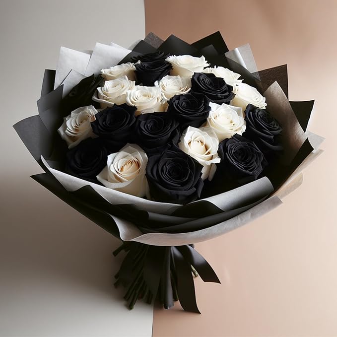LeZakaa 20 Sheets Flower Wrapping Paper - Waterproof Reversible Floral Bouquet Paper - Black and White Design for Graduations, Parties, Birthdays, Formal Events