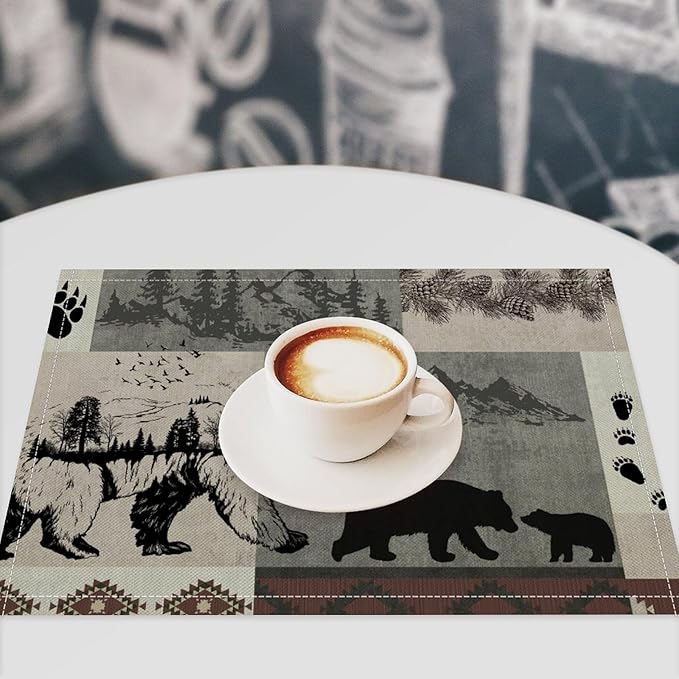 Retro Rustic Lodge Bears Placemats Set of 4, Vintage Cabin Pine Tree Farmhouse Country Style Place Mats, Heat Resistant Non Slip Cotton Linen Dining Table Mats for Home Kitchen 18x12 Inch