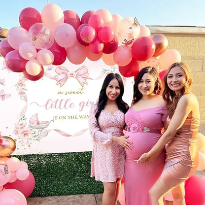 Pink Floral Baby Shower Backdrop Bow Flowers A Sweet Little Girl is on The Way Photography Background Princess Bowknot Girl Gender Reveal Party It’s a Banner with Copper Grommets
