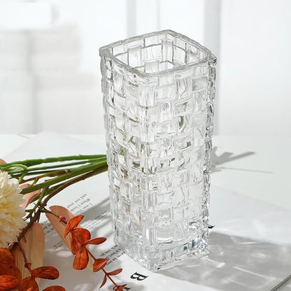 Clear Glass Vase for Flowers Square Embossed Rectangle 6in High Glass Bud Vases Small Vase for Flowers Plant Terrarium Candle Holder Water Glasses for Wedding Centerpiece Office Table, Rattan