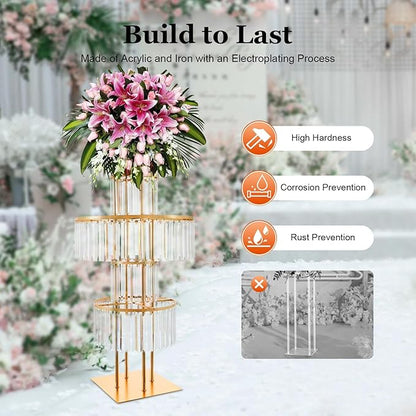 Wedding Gold Vases Centerpieces Crystal Flower Stand with Hanging Crystals, 5 Tier Round Chandelier Pedestal Stand,Crystal Wedding Flowers Stand,Perfect for T-Stage Wedding Party Hotel Decor