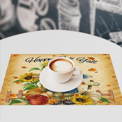Autumn Scarecrow Placemats Farmhouse Rustic Vintage Brown Sunflower Pumpkin Flower Maple Thanksgiving Placemats Table Kitchen Dining Party 12x18 Inch Set of 6