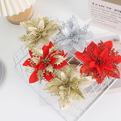 24 PCS Poinsettia Flower Artificial Red Christmas Flowers Artificial 5.5'' Glitter Poinsettias Artificial Christmas Tree Flower with Clips DIY Xmas Wreath Holiday New Year Home Party Decor