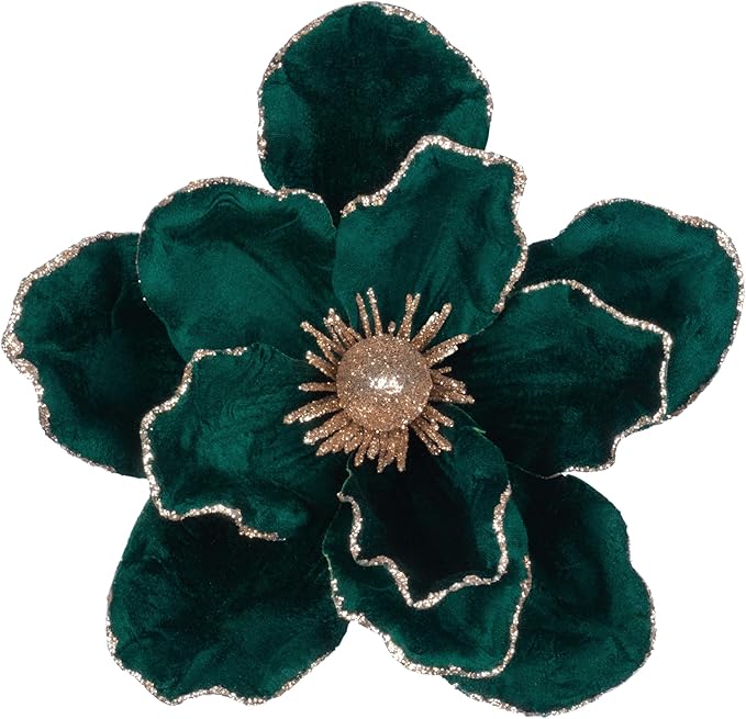KI Store Dark Green Christmas Poinsettia Flower Set of 6 Large Artificial Velvet Magnolia Flower Picks Stems for Xmas Tree Decorations