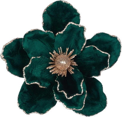 KI Store Dark Green Christmas Poinsettia Flower Set of 6 Large Artificial Velvet Magnolia Flower Picks Stems for Xmas Tree Decorations