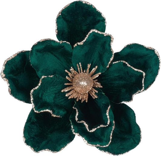 KI Store Dark Green Christmas Poinsettia Flower Set of 6 Large Artificial Velvet Magnolia Flower Picks Stems for Xmas Tree Decorations