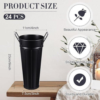 Lallisa 24 Pcs Metal Vases 9 Inch Galvanized French Farmhouse Flower Buckets with Handles and Hemp Rope, Vintage Style Flower Containers for Country Wedding Party Table Centerpiece Decor(Black)