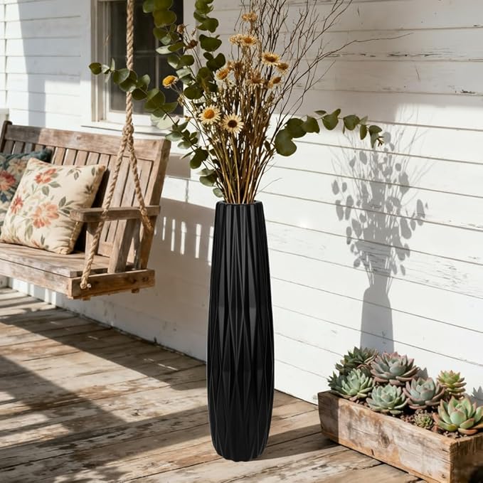 Tall Black Floor Vase – 28" Twisted Geometric Ceramic Vase for Modern Home, Living Room, Table Centerpiece or Corner Decoration