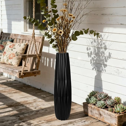 Tall Black Floor Vase – 28" Twisted Geometric Ceramic Vase for Modern Home, Living Room, Table Centerpiece or Corner Decoration