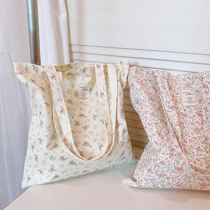 Cotton Canvas Tote Bag Reusable Soft Grocery Cloth Bag Floral Shoulder Bag for Beach Travel Shopping