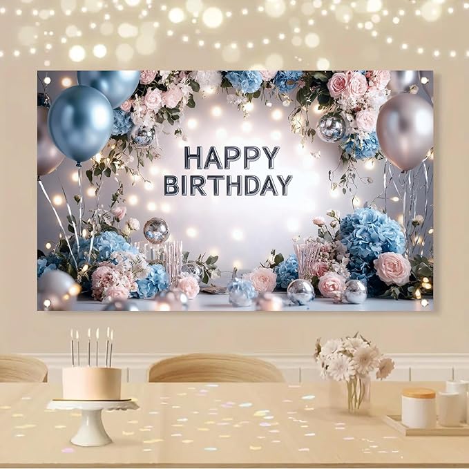 Blue Pink Happy Birthday Backdrop Banner Floral Balloon Photography Background Elegant Birthday Decorations Party Supplies Photo Booth Props 71x43 Inch