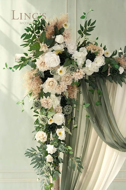 Ling's moment Wedding Arch Flowers with Sheer Drapes Kit - Artificial Spring Green Rose Floral Arrangements for Ceremony Backdrop, Arbor Decor, 5-Piece Set (2 Flower Stems + 3 Hanging Drapes)