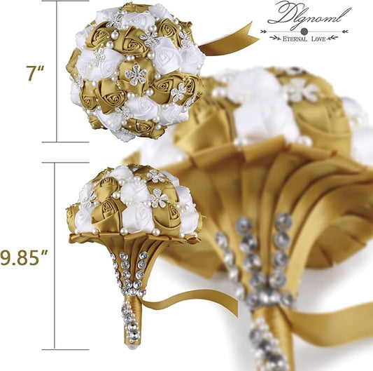 Handmade Wedding Flowers Bridal Bouquets Crystal Bride Holding Bouquet White Ivory Satin Roses with Diamond Pearl Ribbon.(Gold)