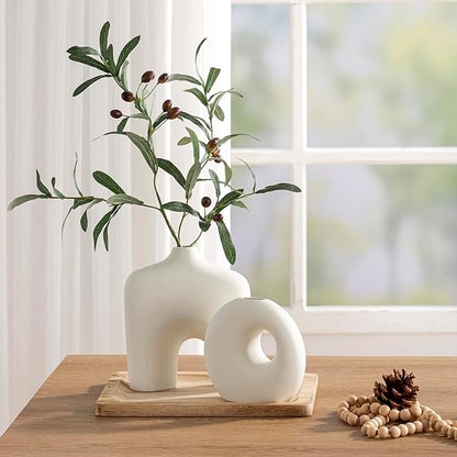 Ceramic Vase Set of 2, Modern Donut Vases for Minimalist Nordic Home Decor, Waterproof Round Vase, Decorative Centerpiece Vases for Room, Entryway, Bookshelf, Table Decor (Matte OffWhite)