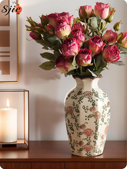 Vintage Ceramic Vase - 9 Inch Hand-Painted Roses with Ice Crackle Glaze Finish, American Farmhouse Style Pitcher Vase for Home Decor, Centerpiece, Shelf, Table, Office, Rustic Wedding Gift