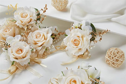 Meldel Champagne Prom Flower Wrist Corsage for Wedding, Set of 6, Rose Wrist Flower for Mother of Bride and Groom , Bride Bridesmaid Girl Women Party, Homecoming Ceremony Anniversary