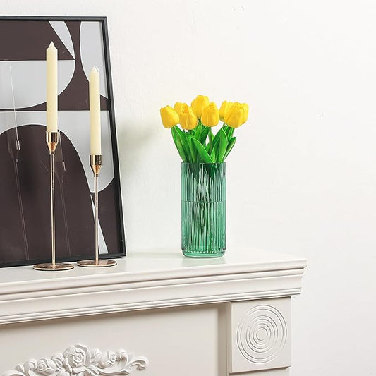 Ribbed Glass Vase, Flower Vases for Bouquet, Green Glass Vases for Flowers, Modern Ribbed Vase for Living Room, Bathroom, Dining Table, Office, Wedding, Centerpieces, 8 Inches