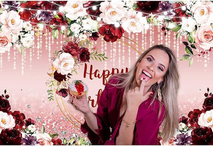 Sensfun Floral Happy Birthday Backdrop Burgundy Flowers Rose Gold Glitter Bokeh Spots Photo Background Vinyl Women Birthday Party Cake Table Decorations Photoshoot Banner (7x5ft)